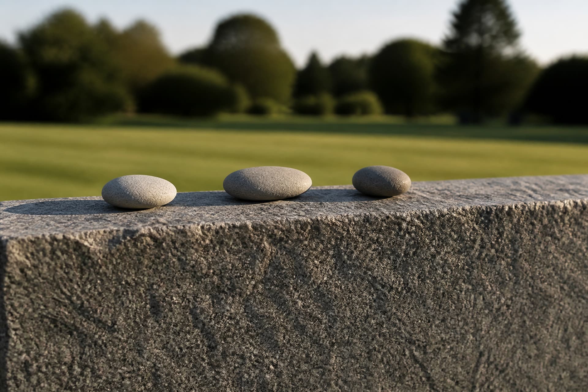 Three small smooth stones resting on the weathered top edge of a granite grave marker in late afternoon side light