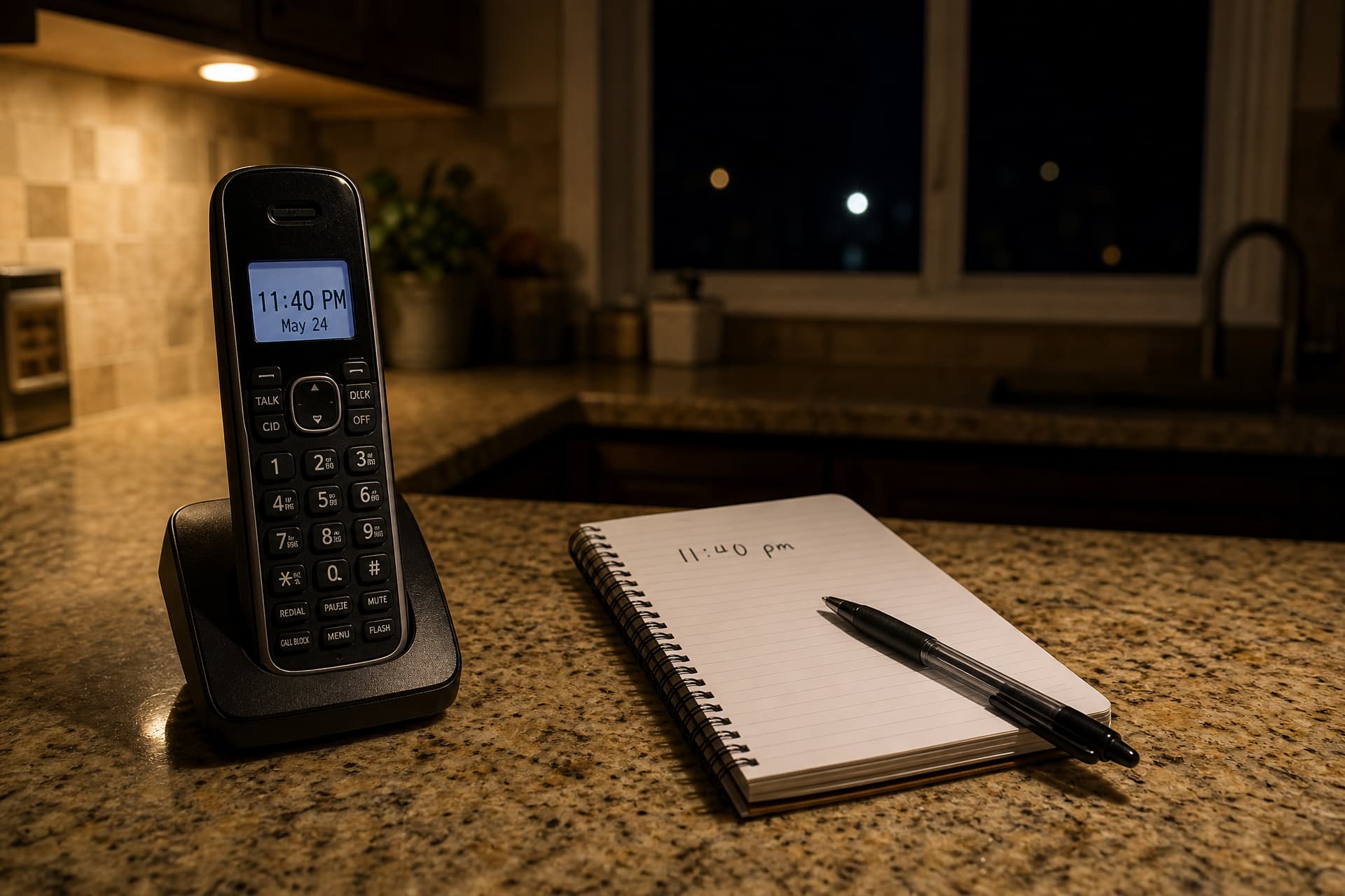 A cordless phone resting in its base on a kitchen counter at night showing 11:40 PM on its display, an open notepad beside it with the same time written on the top line, a dark window behind