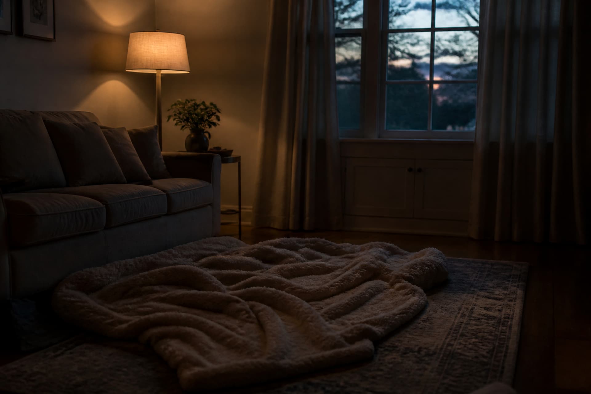 A dim living room at dusk with a floor lamp switched on low, a thick blanket spread over a rug beside a sofa, curtains half drawn, the space calm and empty of people or animals