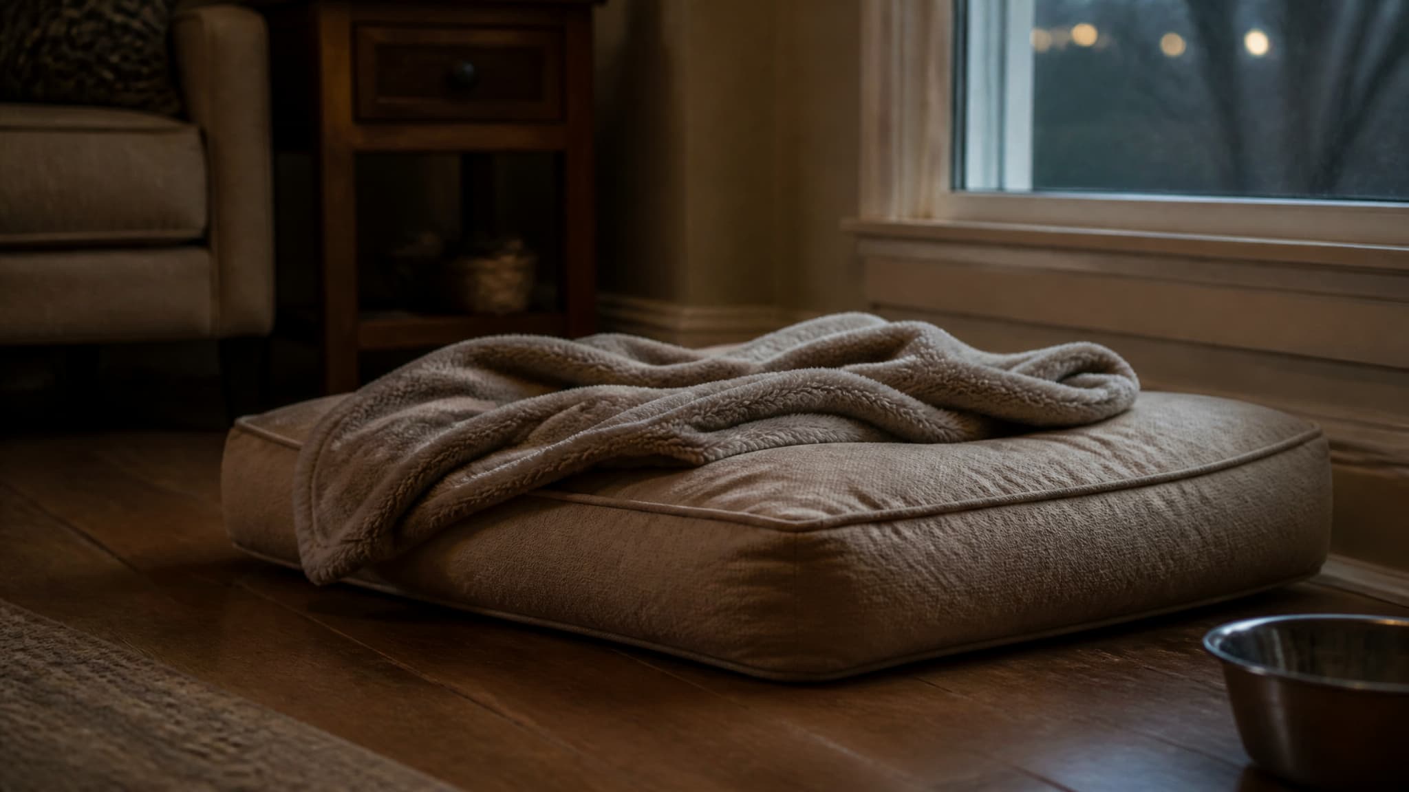 A soft folded blanket on a low cushioned pet bed beside a window in dim evening light, the room quiet and uncluttered, a water bowl just visible at the edge of the frame, no animal present