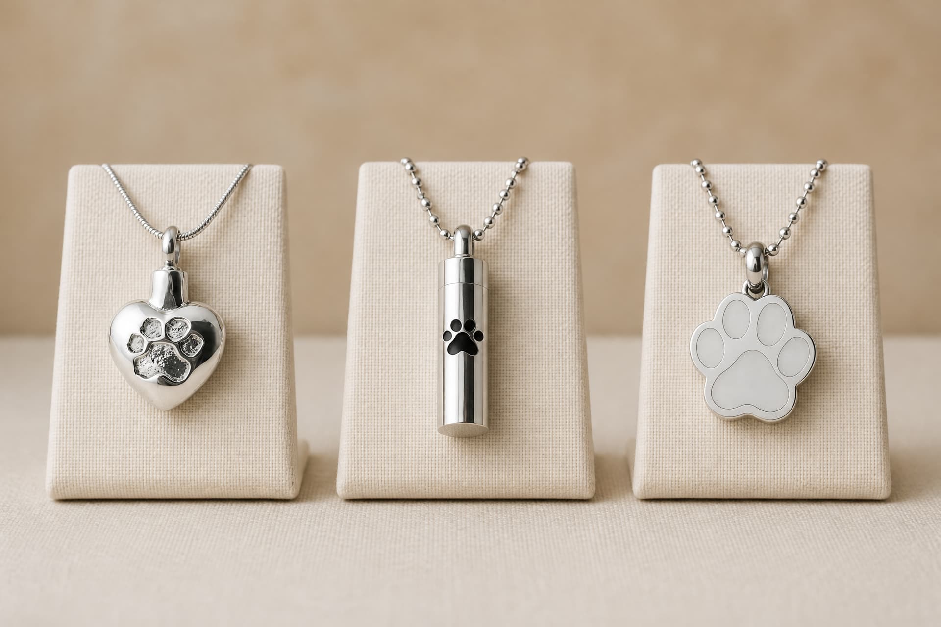 Three pet ashes necklaces laid on a pale linen surface in soft daylight, one cylindrical vial pendant, one flat paw-stamped disc and one small rounded locket, each on a fine chain