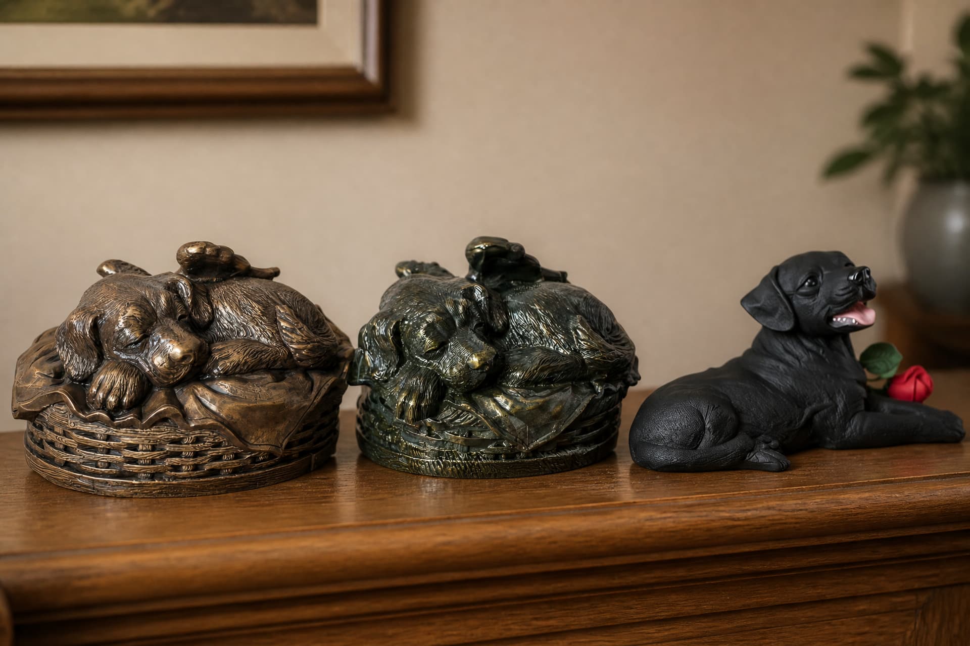 Three pet urns arranged on a pale wooden sideboard in soft daylight, one glazed ceramic vessel with a fitted lid, one brushed metal cylinder and one lower rounded stoneware form, each with a smooth finished surface