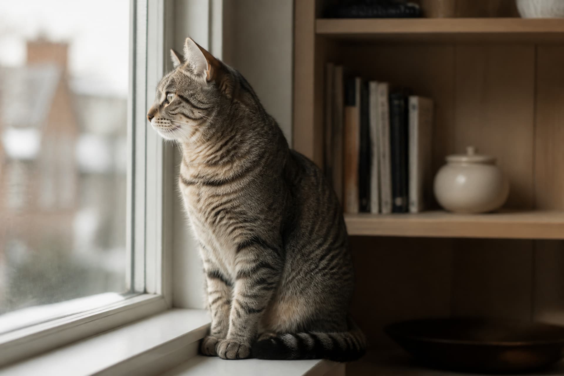 A tabby cat sitting upright on a windowsill in soft morning light looking out, a wooden shelf behind holding books and a small closed ceramic vessel, the room domestic and uncluttered