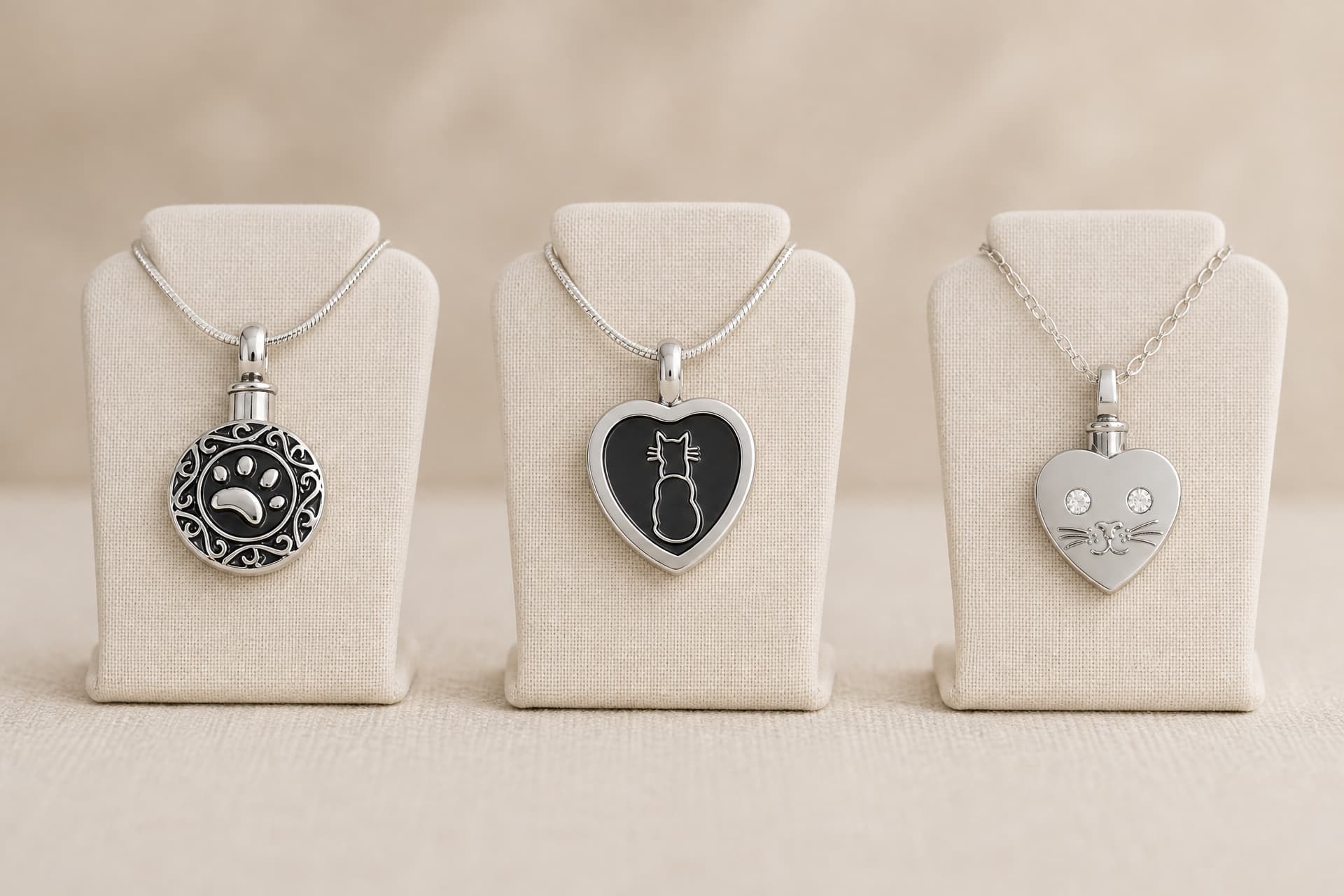 Three cat cremation keepsakes arranged on pale fabric in soft light, a small paw-engraved pendant, a slim cylinder vial and a rounded heart charm, each with a polished finish