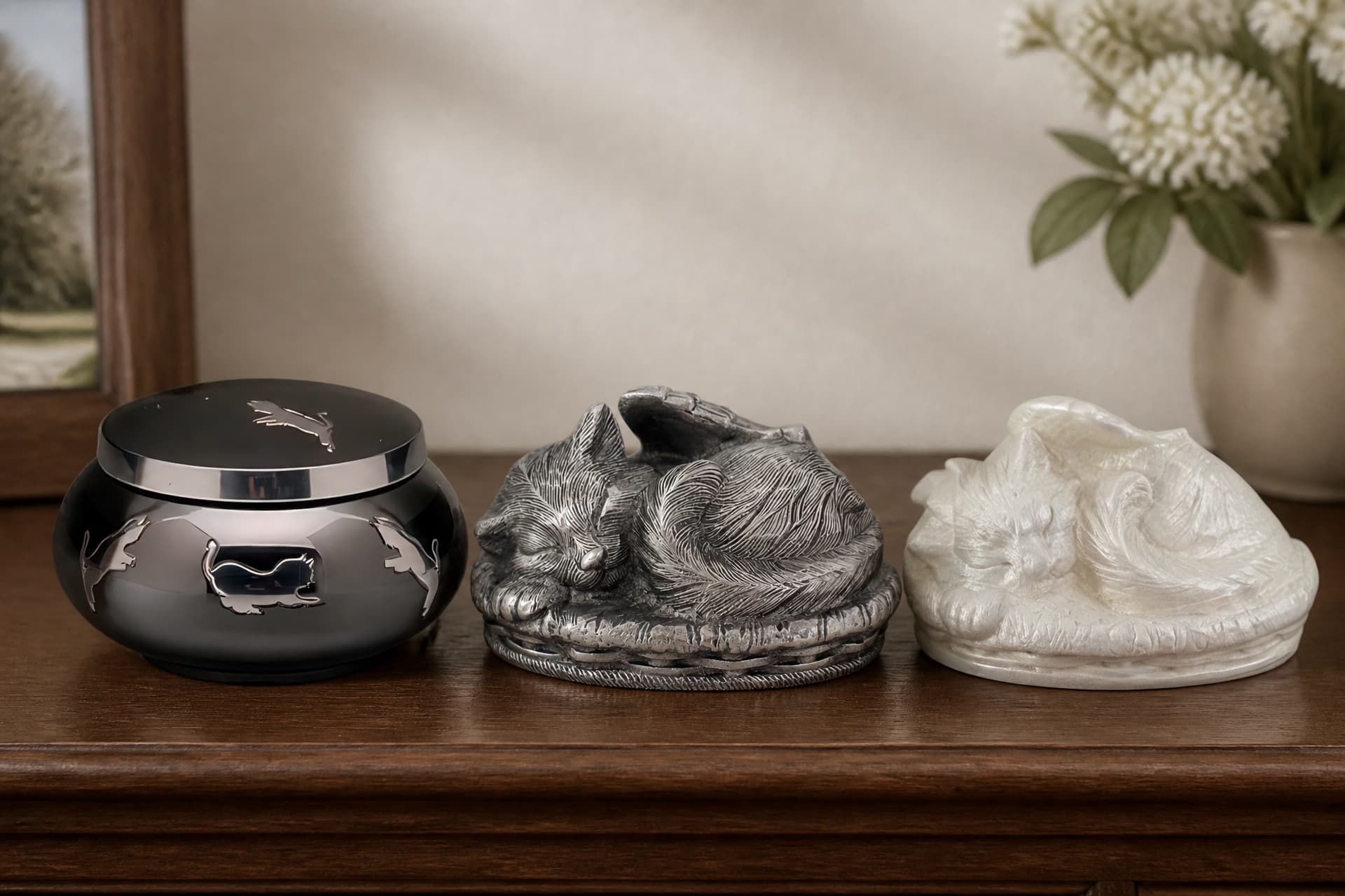 Three cat urns on a pale wooden sideboard in soft daylight, one seated figurine form, one rounded glazed vessel with a fitted lid and one low rectangular box with a smooth finish