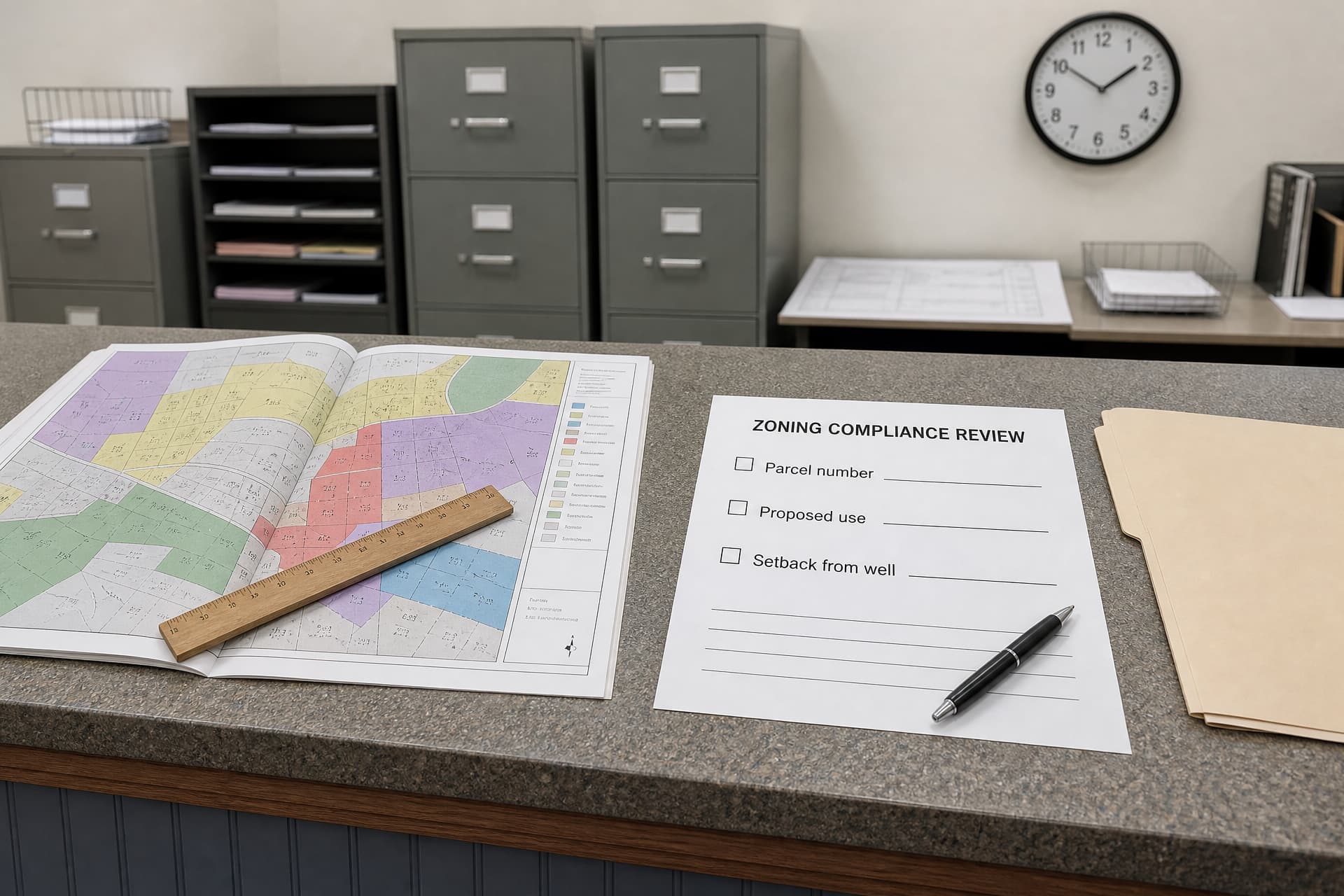 A county planning counter in flat daylight with an open color-coded parcel zoning map and a wooden ruler, beside a printed form headed ZONING COMPLIANCE REVIEW with checkbox lines for parcel number, proposed use and setback from well