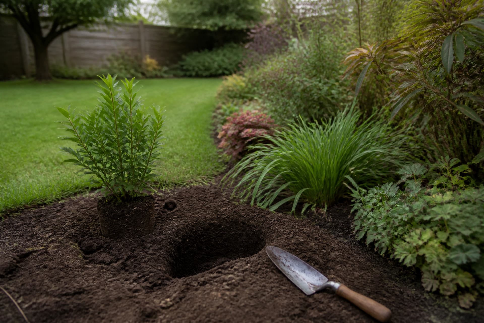 A domestic garden border in soft overcast light with a small freshly dug hole in dark soil, a steel hand trowel resting on the excavated earth and a young potted shrub waiting beside it, lawn and a wooden fence behind