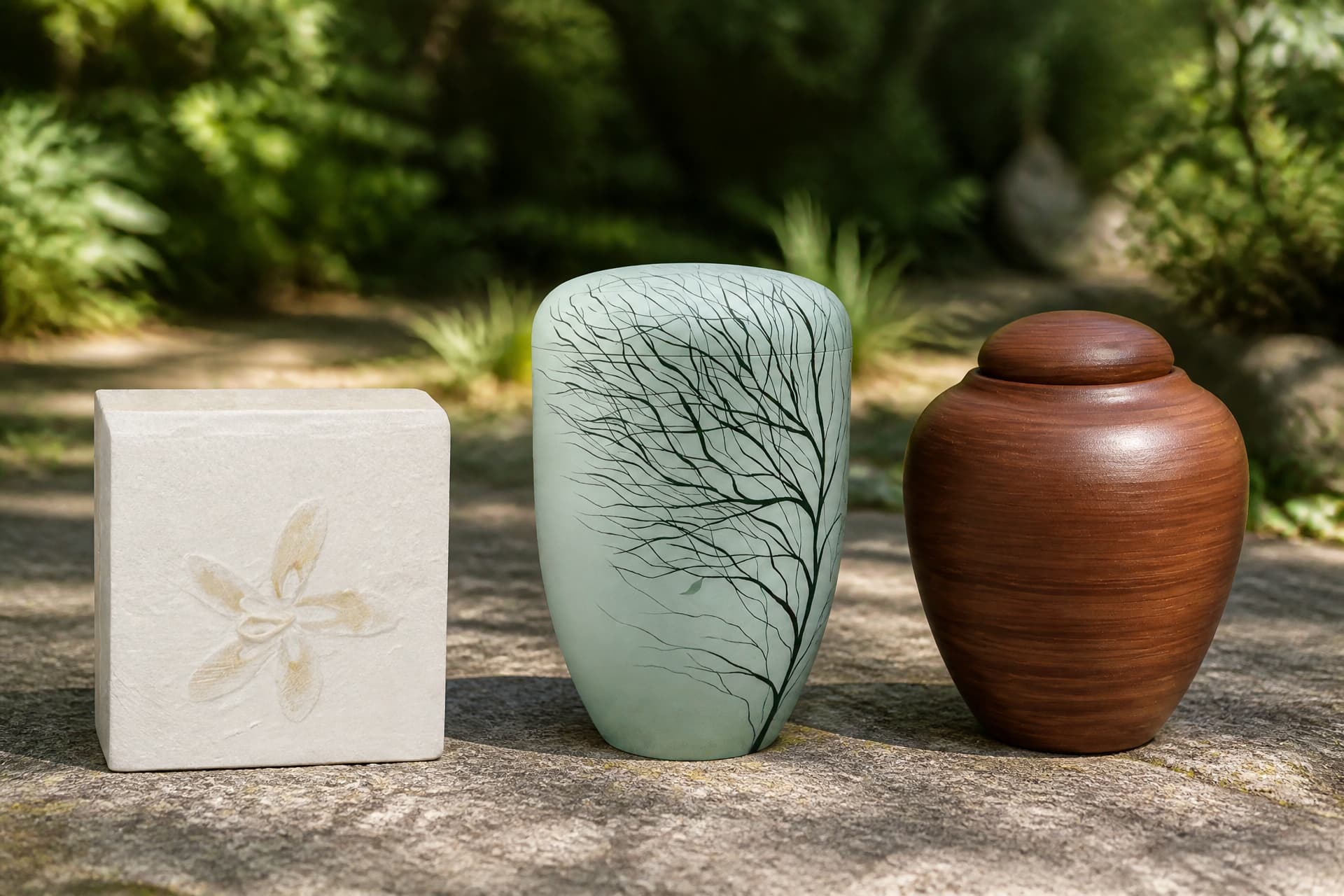 Three biodegradable cremation urns standing together on a stone garden path in dappled daylight, a pale pressed-flower cube, a pale green urn printed with bare tree branches and a smooth brown wood-toned urn, with planting behind