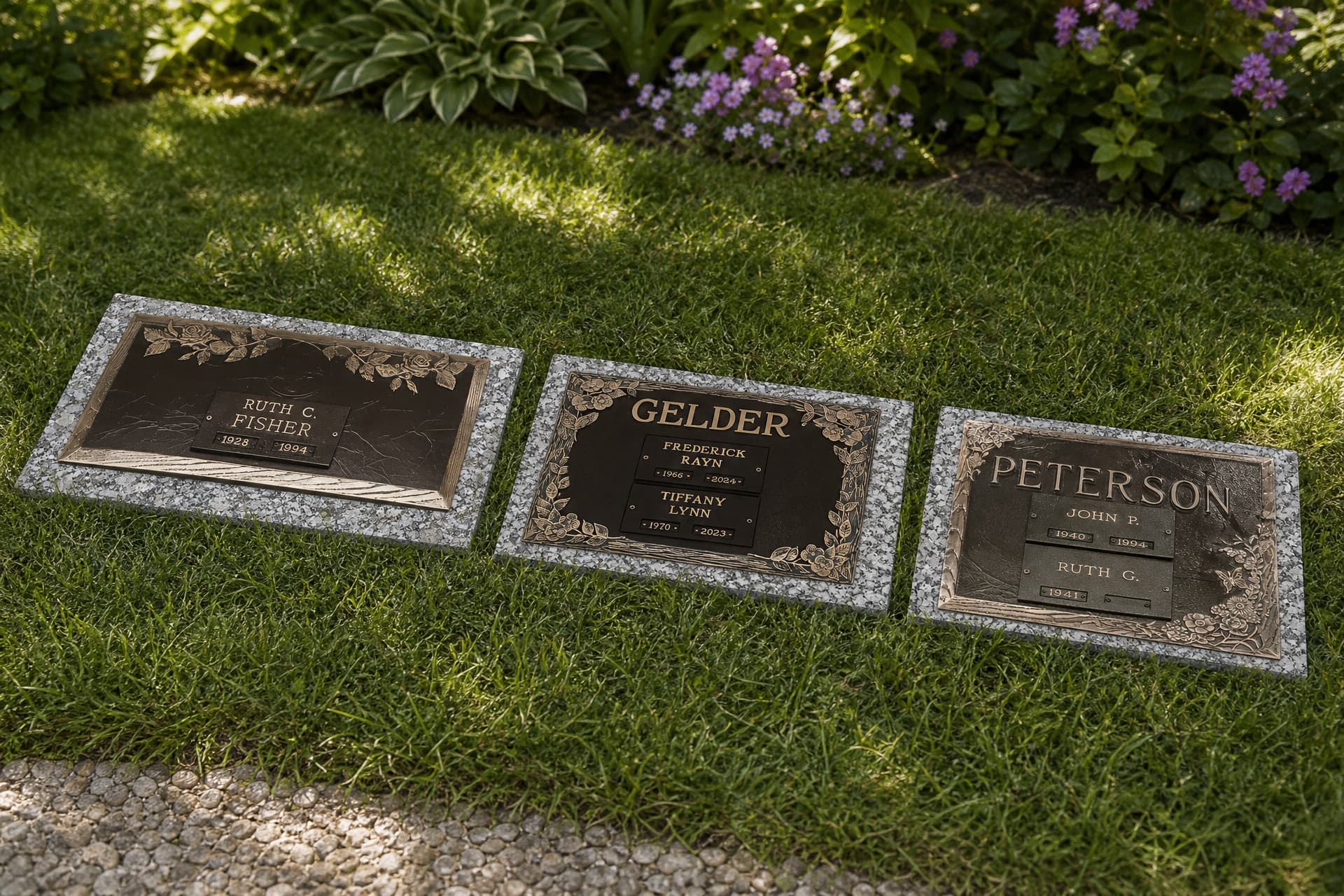 Three flat bronze memorial markers on granite bases set level in mown grass beside a planted garden border and a gravel path, each with a raised cast border and engraved name plates
