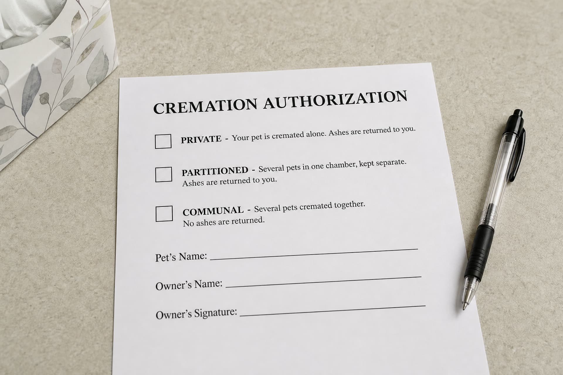A printed veterinary cremation authorization form and a pen on a clinic counter in flat daylight, a box of tissues beside it, the form offering three checkboxes β private and partitioned both returning ashes, communal returning none