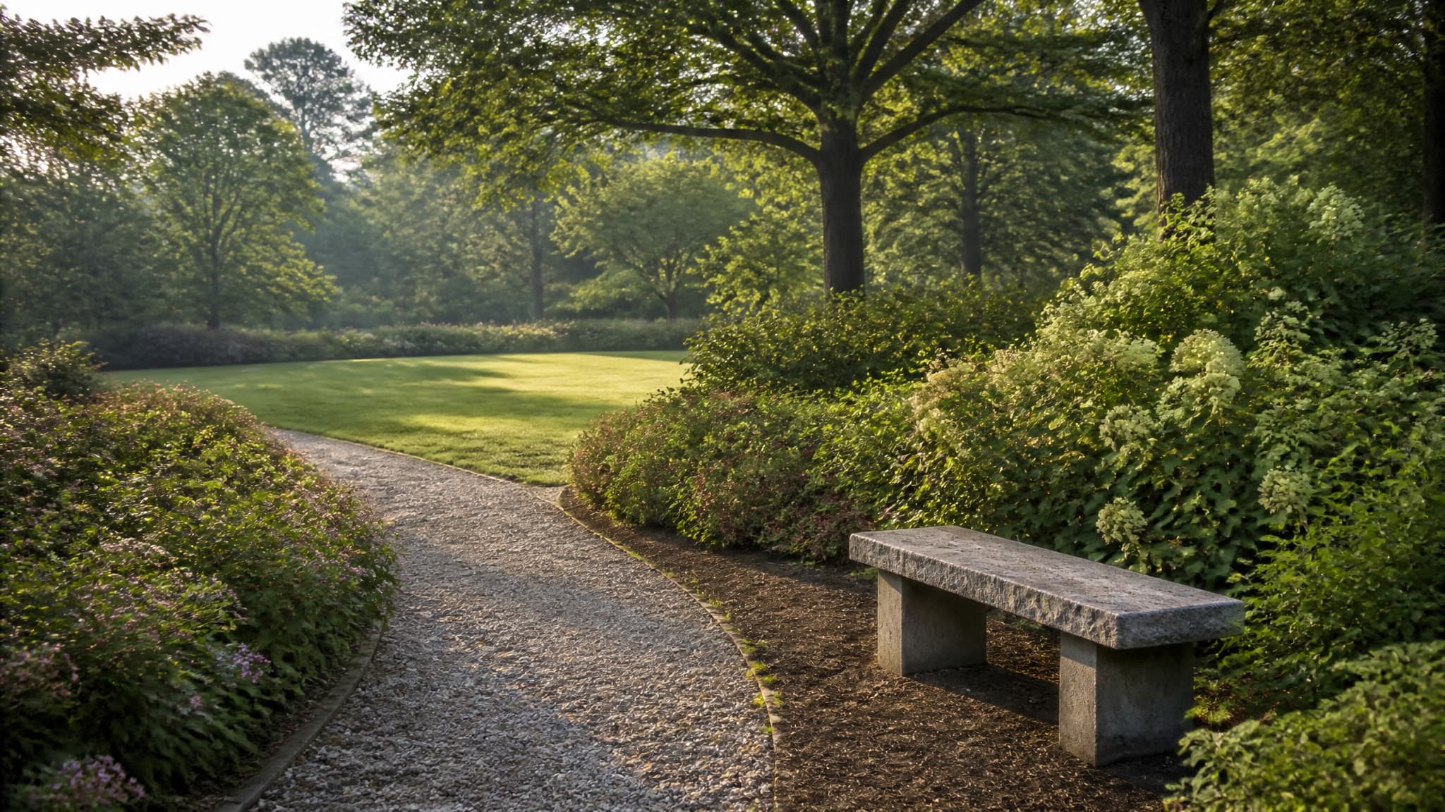A quiet memorial garden in soft morning light, mown grass bordered by low flowering shrubs and a gravel path, with a plain stone bench and mature trees behind, no markers or inscriptions visible