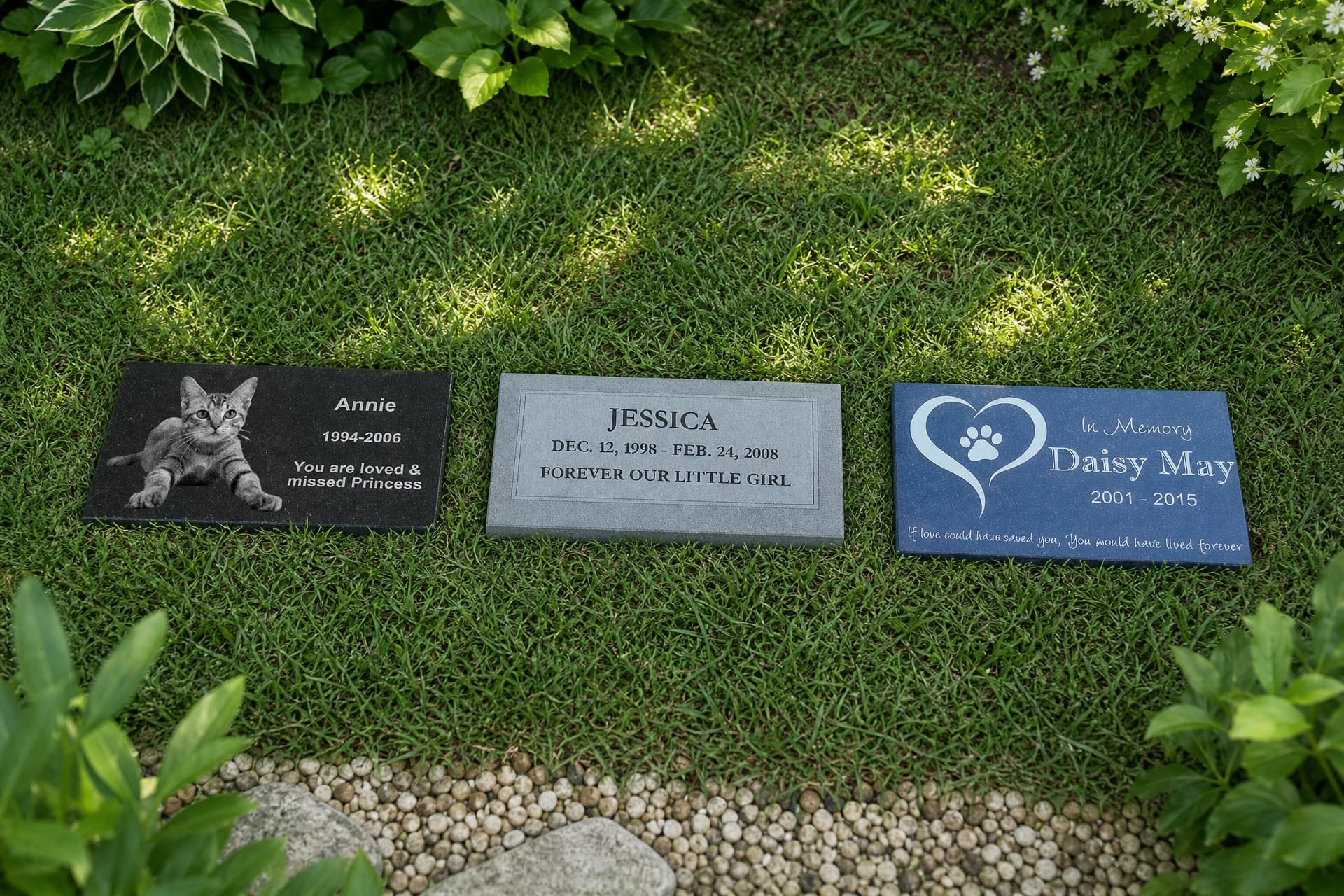 Three flat engraved granite pet grave markers lying level in mown grass beside a garden border in soft daylight, each with a polished black face and a laser-etched portrait and inscription