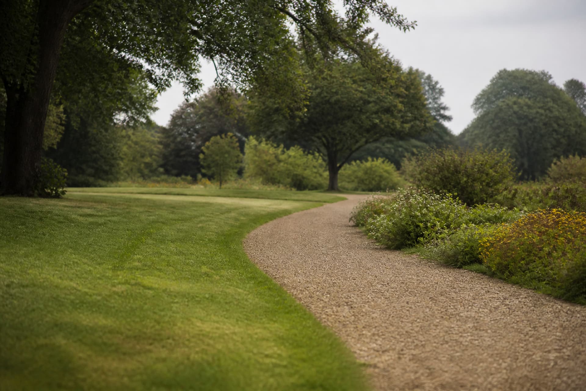 A wide stretch of mown grass edged with wildflowers and low shrubs under overcast daylight, a gravel path curving away between mature trees, with no graves, markers or inscriptions anywhere in the frame
