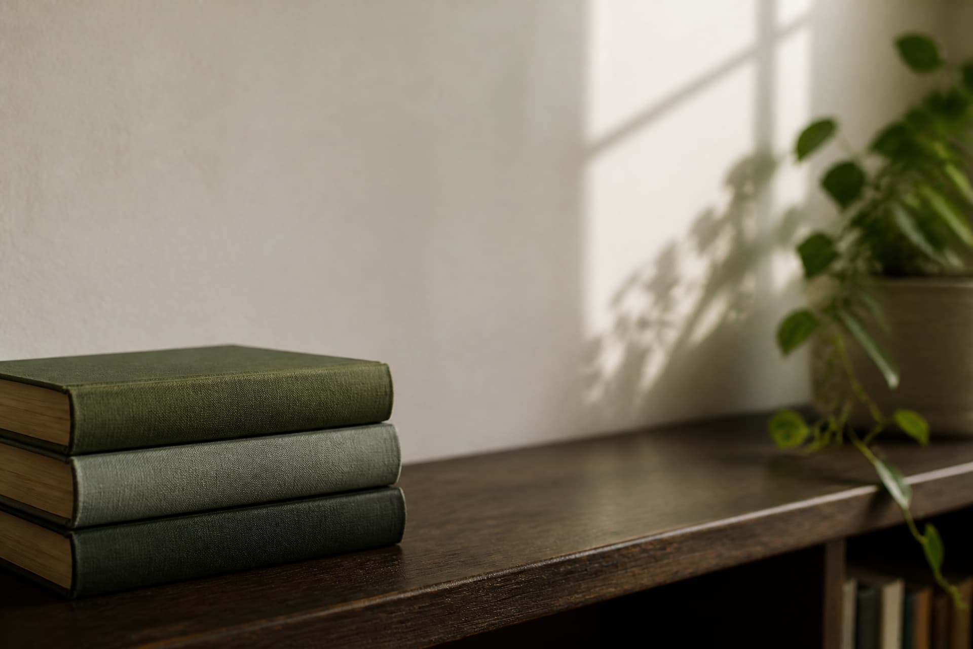 A quiet domestic shelf in soft daylight with a framed photograph face-down-lit, a small stack of books and an empty space at eye level beside a window, no urn or memorial object present
