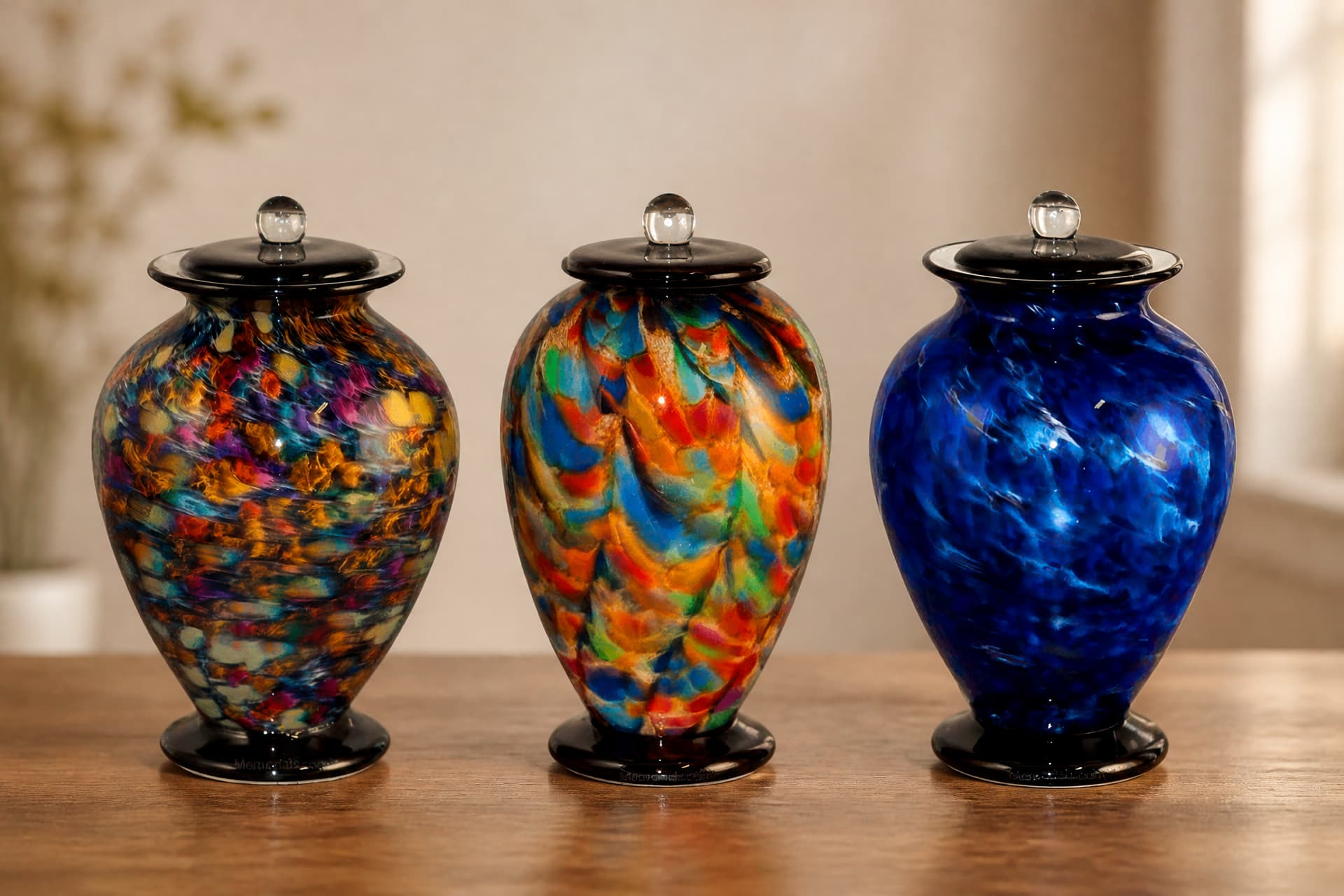 Three hand-blown glass cremation urns standing in a row on a wooden surface in soft daylight, one mottled in orange purple and gold, one in bright red blue and green, and one in deep blue and white, each with a black foot and a domed black lid with a clear glass finial