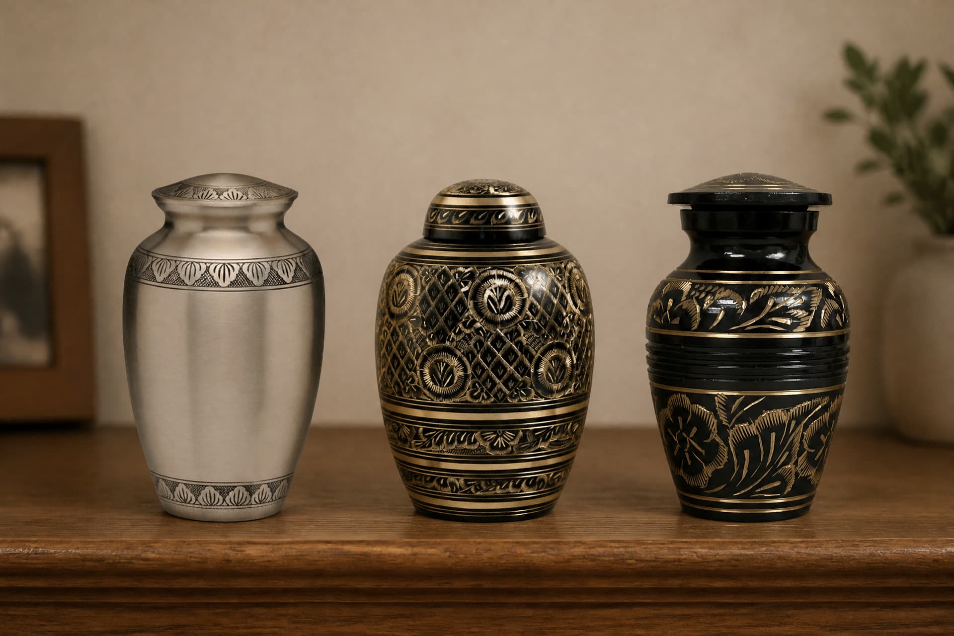 Three keepsake cremation urns standing on a dark wooden shelf in warm lamplight, a plain brushed pewter urn with an etched band, a black urn with a gold lattice and medallion pattern, and a black urn with gold floral engraving, a framed photograph and a plant out of focus behind