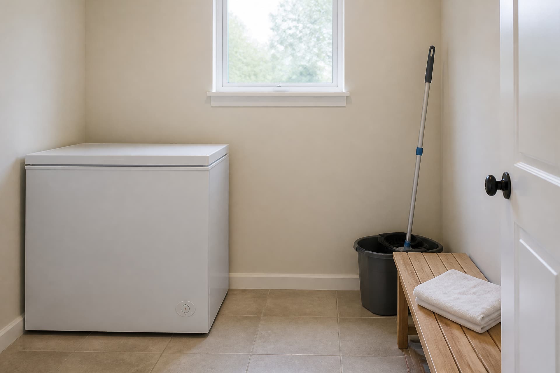 A clean domestic utility room in flat daylight, a closed white chest freezer and a folded towel on a wooden bench, a mop and bucket in the corner, everything tidy and unoccupied
