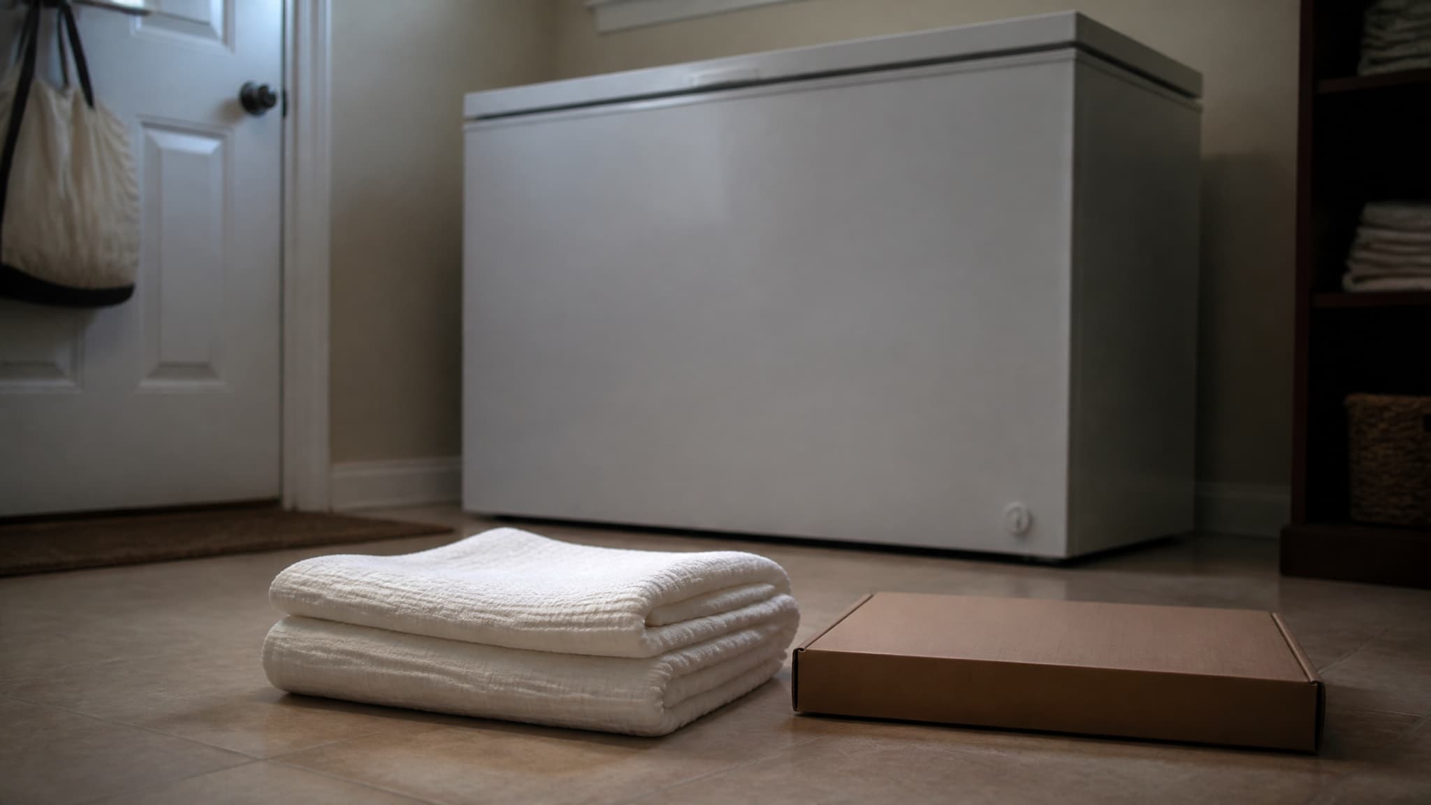 A folded clean cotton blanket and a cardboard carrier box on a tiled utility room floor in flat early morning light, a closed chest freezer against the wall behind, no animal visible