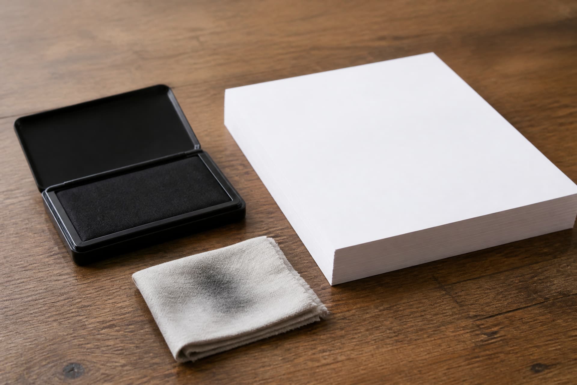 A black water-based stamp pad open beside a stack of plain white paper and a damp folded cloth on a wooden table, flat daylight, nothing else in the frame