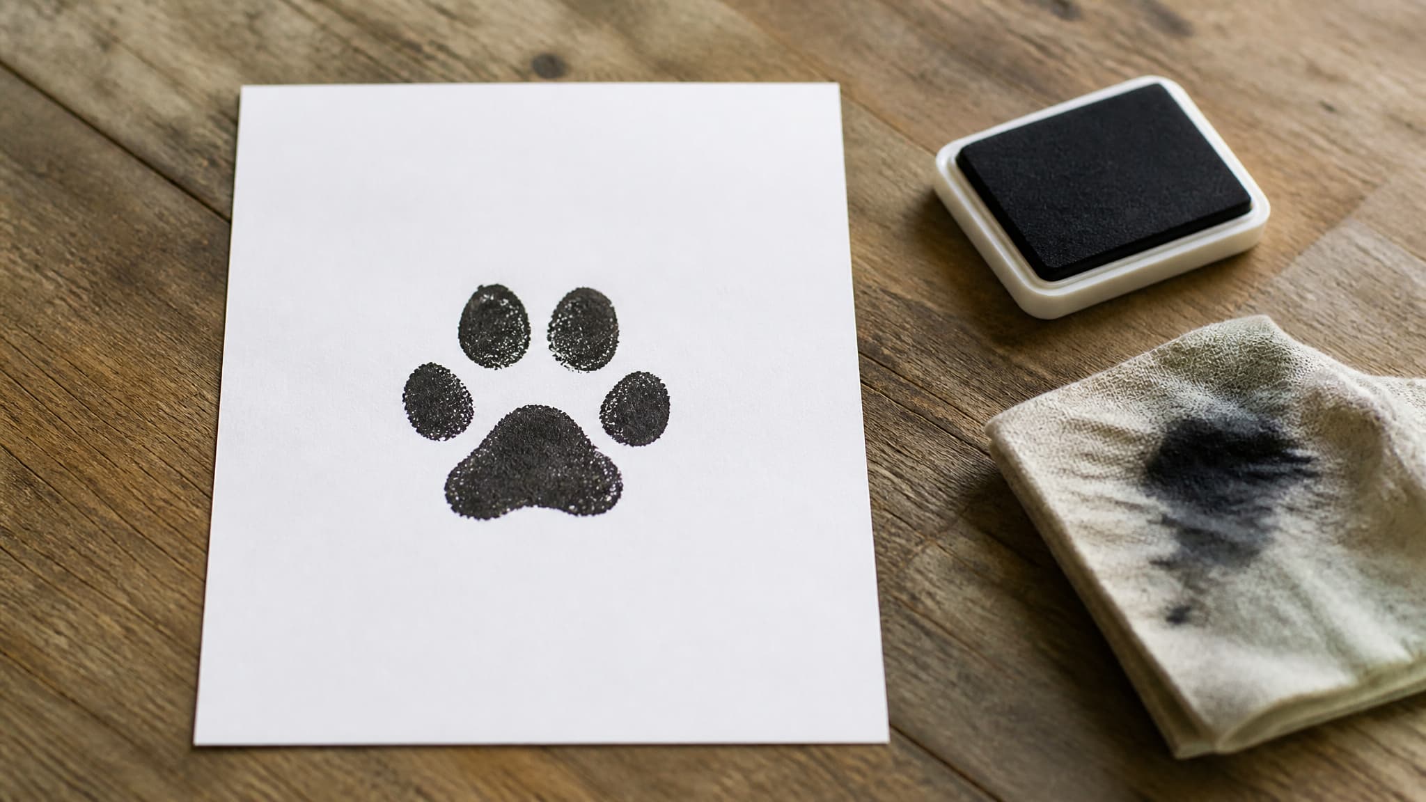 A sheet of white paper on a wooden table bearing a single clean black paw print, an ink pad and a damp cloth beside it in soft daylight, no hands or animal in the frame