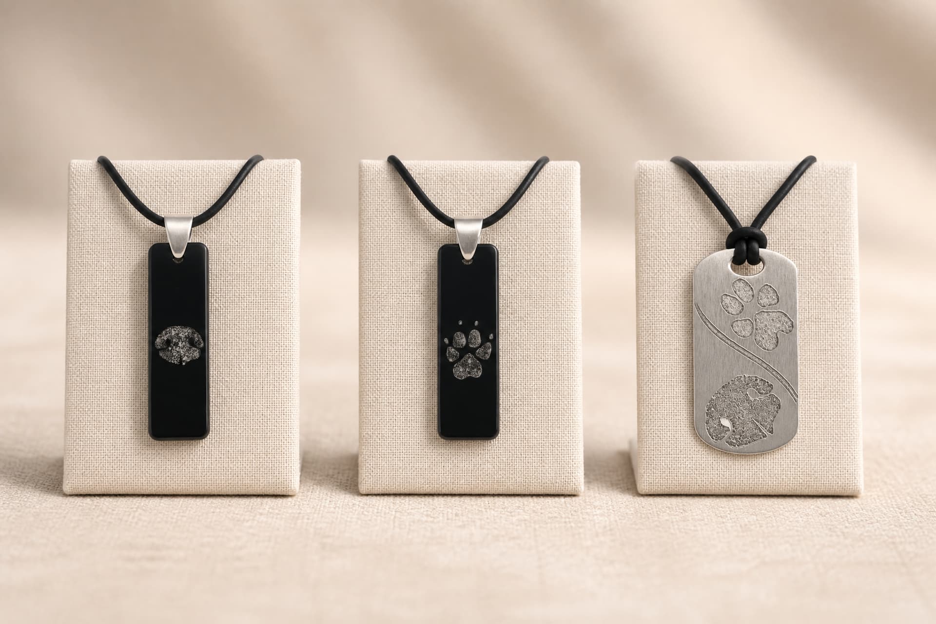 Three paw print keepsake pieces on a pale fabric surface in soft light, a small pendant with a raised paw impression, a flat engraved disc and a narrow bar charm, each with a polished metal finish