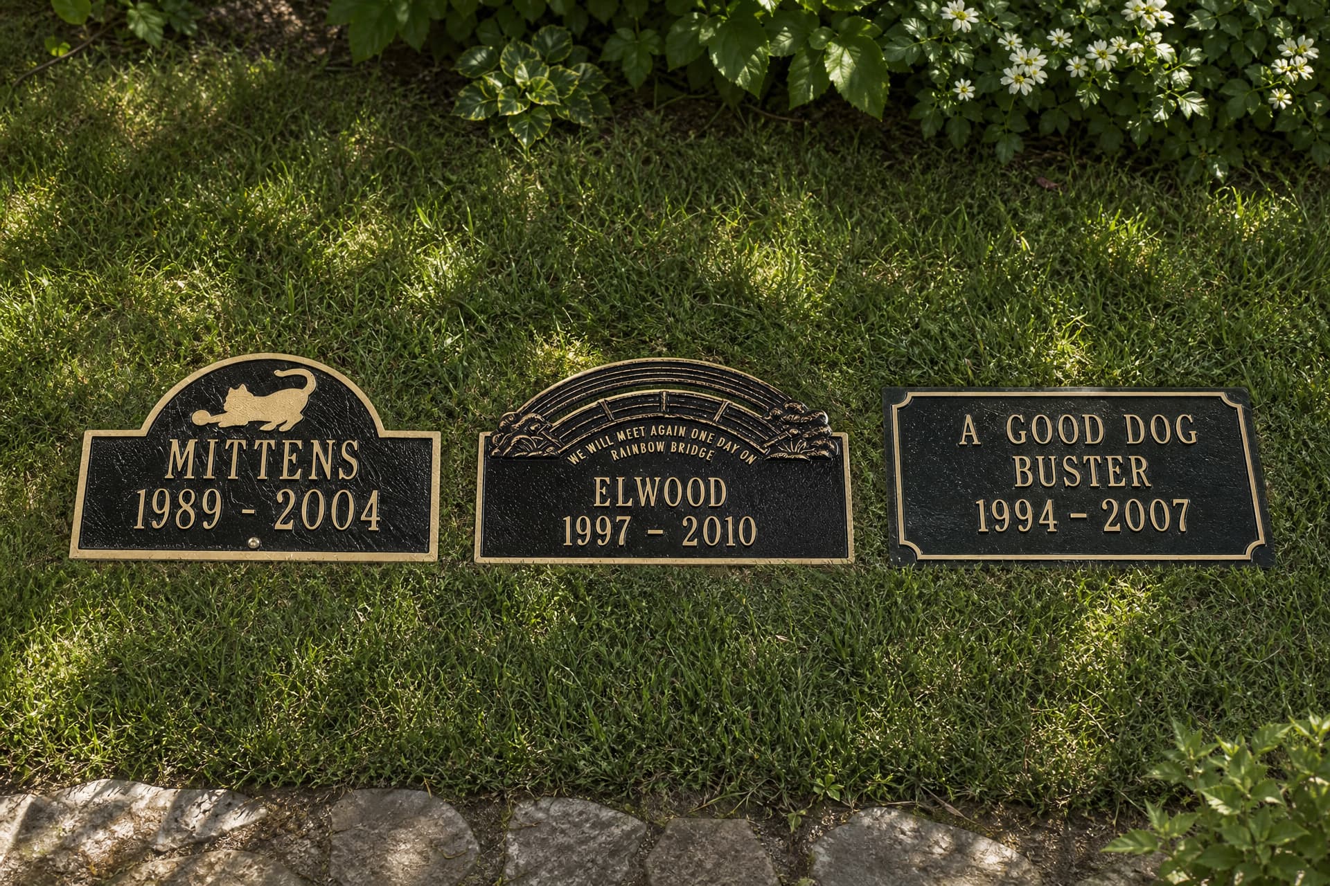 Three pet grave markers on mown grass in soft daylight, a standing engraved cross, a flat rectangular plaque and a low rounded stone, each with a smooth engraved face