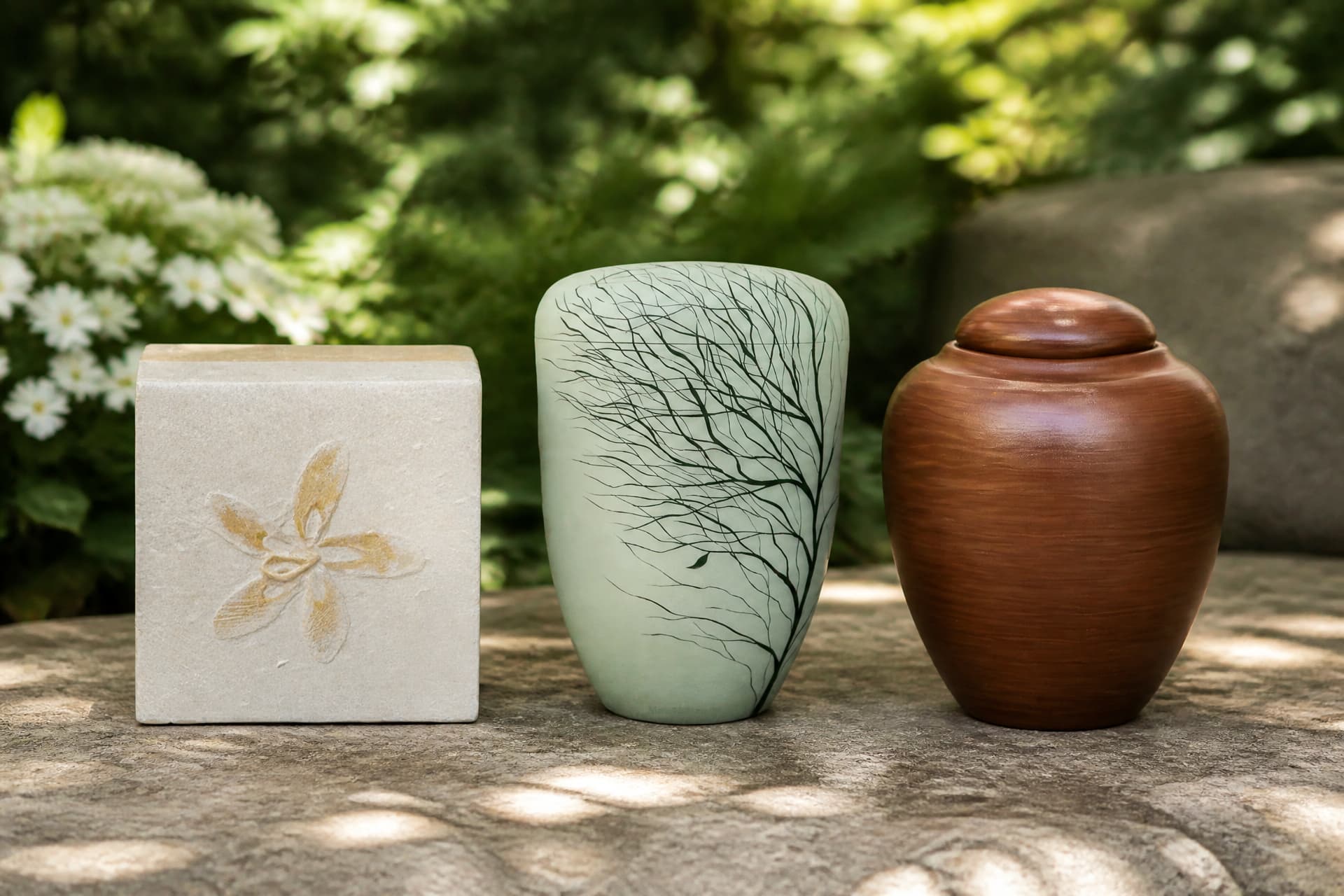 Three biodegradable urns standing on a weathered stone slab in dappled garden light, a pale cream cube with a pressed flower, a pale green urn printed with bare branches and a smooth brown wood-toned urn, white flowering shrubs behind