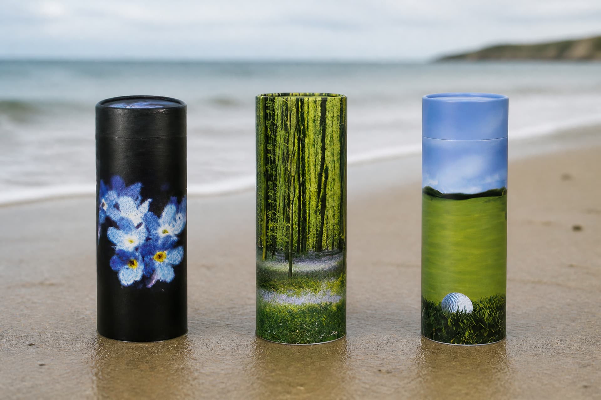 Three cylindrical scattering tubes standing upright on wet sand at the waterline in overcast light, one printed with blue forget-me-not flowers on black, one with a green woodland path and one with a fairway under a blue sky, each showing a separate push-on lid at the top