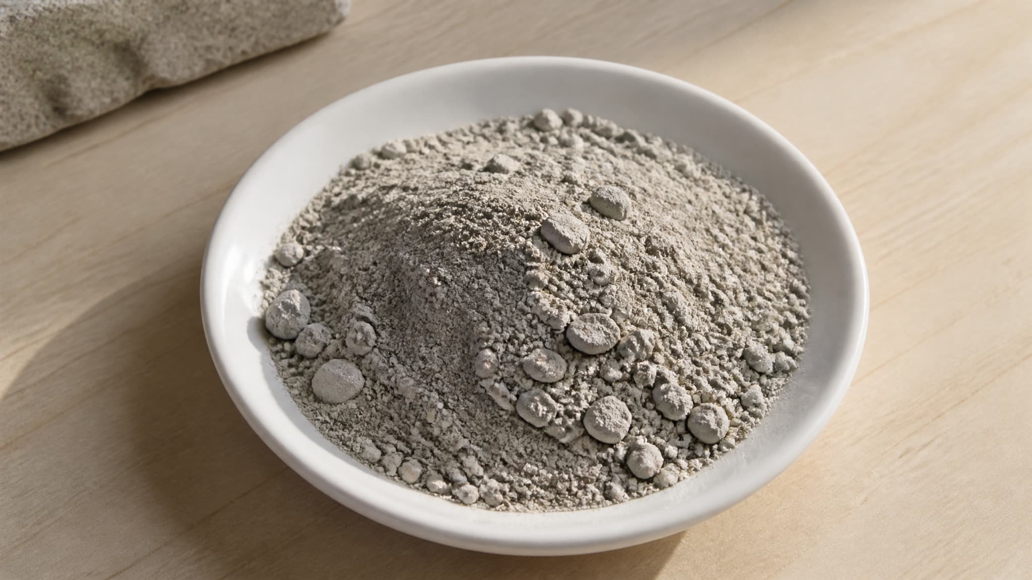A shallow white ceramic dish of coarse pale gray granular material on a pale wooden surface in soft daylight, the grains varying from fine powder to small fragments, lit evenly from one side