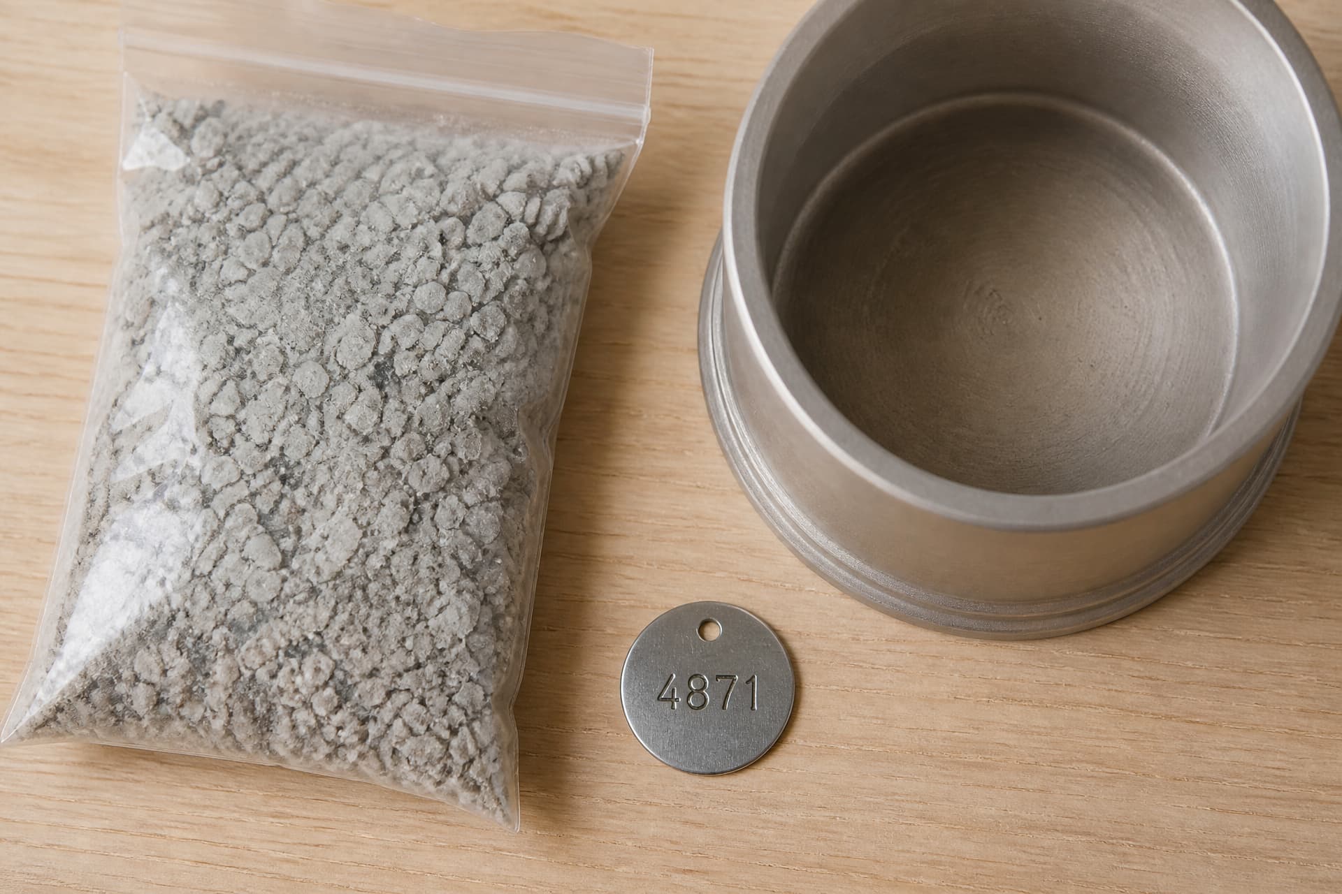 A stainless steel identification disc stamped 4871 resting on a pale wooden surface beside a sealed clear bag of coarse pale gray granular material and the open base of a plain urn, soft even daylight