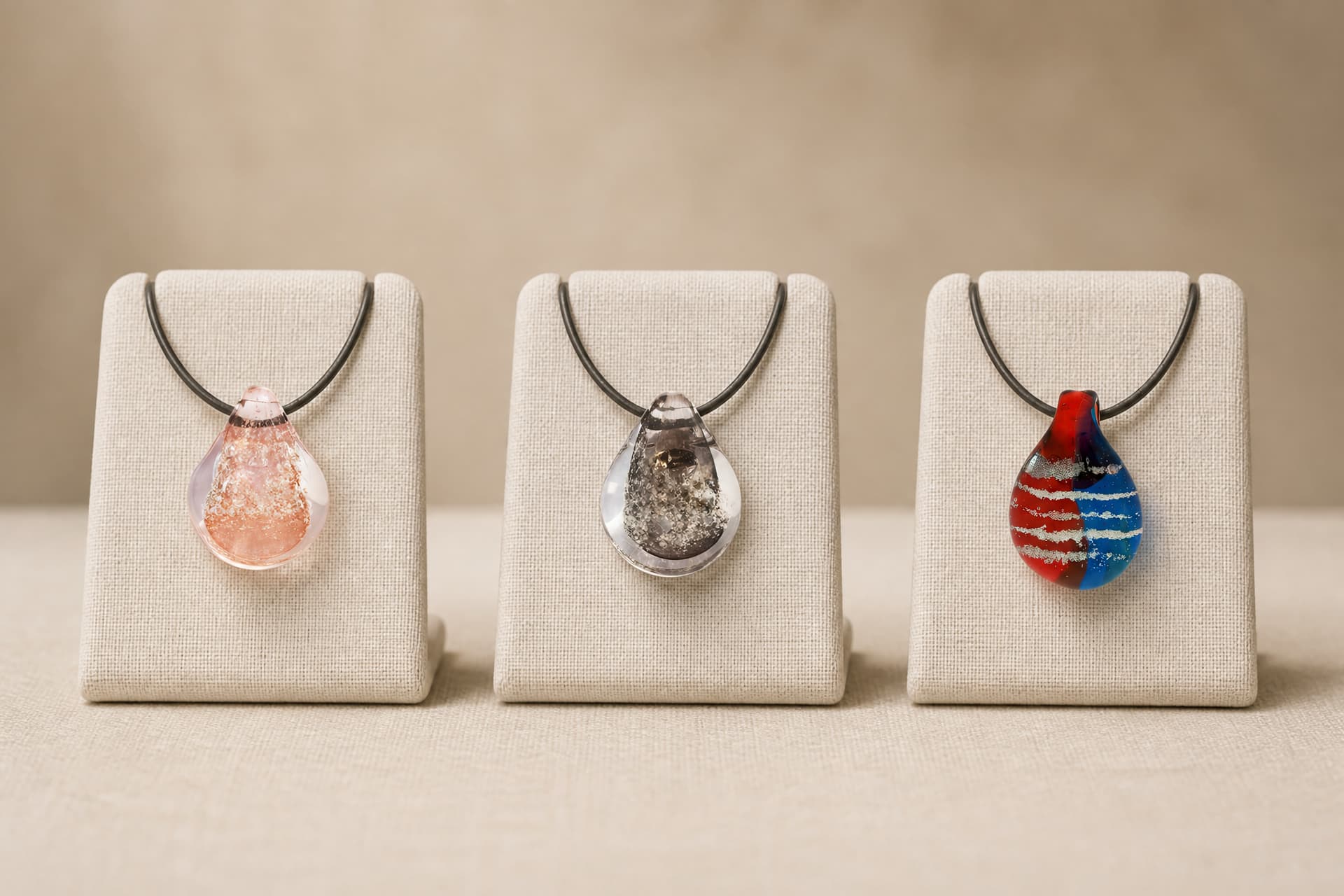 Three small pet ashes keepsakes on a pale fabric surface in soft light, a cylindrical pendant, a rounded heart charm and a slim bar locket, each with a polished metal finish and a sealed cap