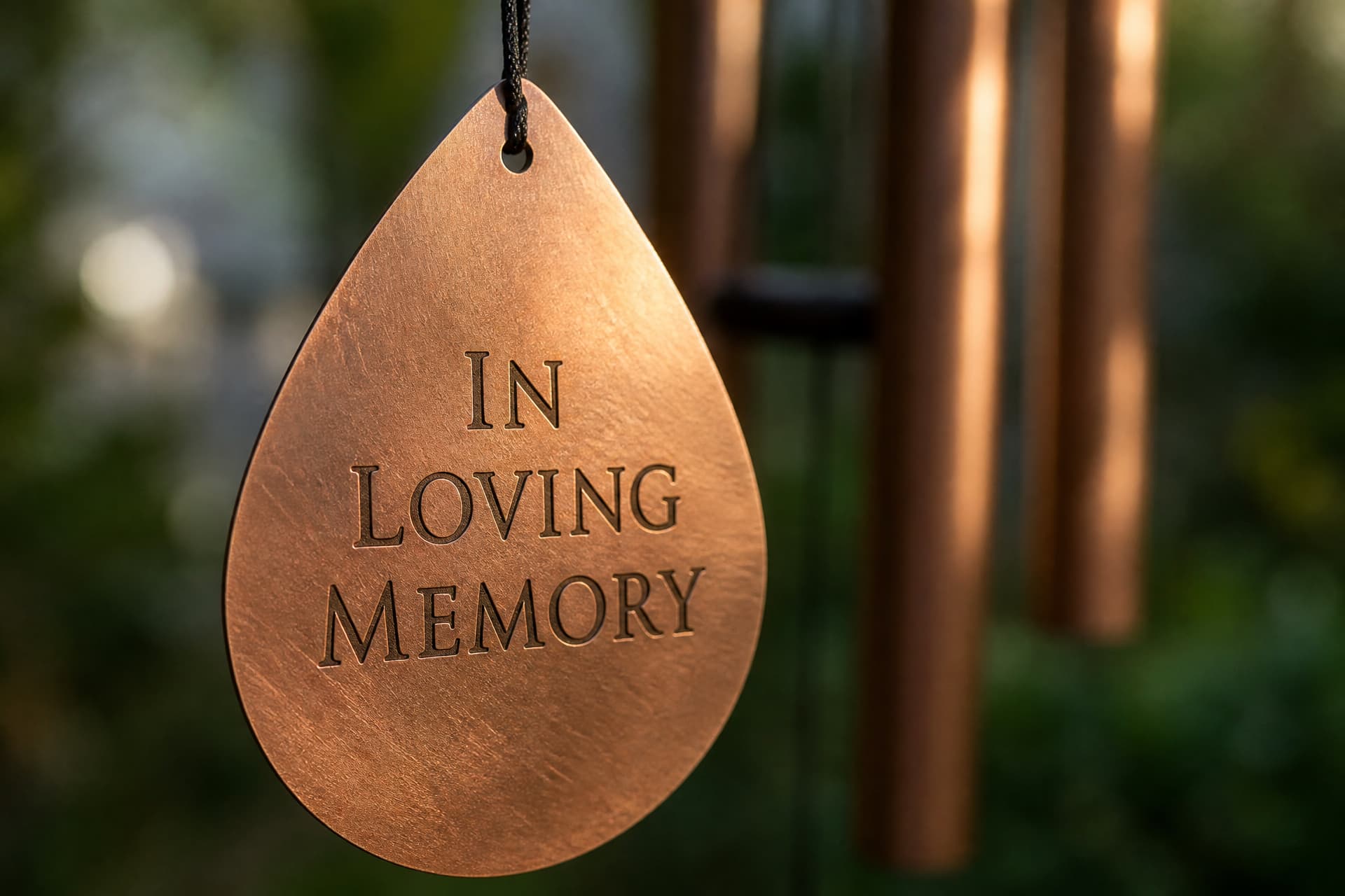 Close view of a copper teardrop wind catcher hanging on a black cord, engraved in serif capitals with the words IN LOVING MEMORY, the chime tubes and a green garden thrown far out of focus behind it