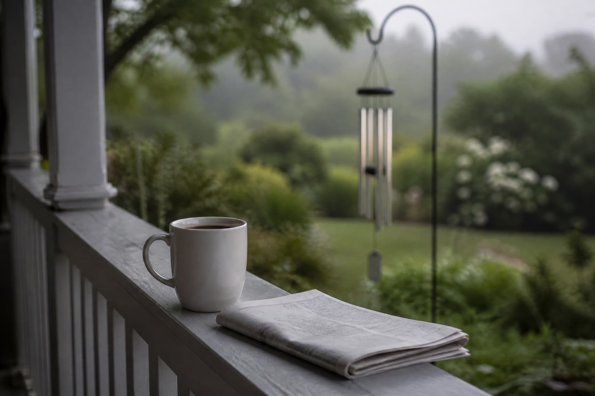 A white mug of black coffee gone cold and a folded newspaper on a pale gray porch rail, with a silver wind chime hanging from a tall black shepherd's hook out in the misty green garden beyond, softly out of focus