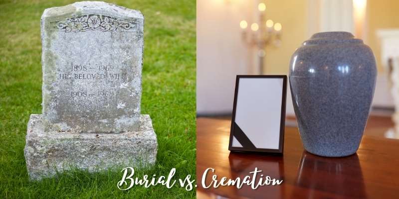 Burial vs Cremation: a headstone and cremation urn