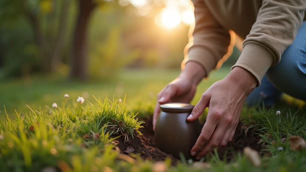 A person gently burying an urn in a small hole in a serene garden.