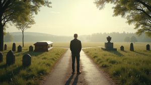 A metaphorical crossroads with a traditional casket on one path and a cremation urn on another.