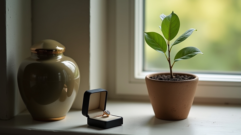 A display of various cremation memorial options.