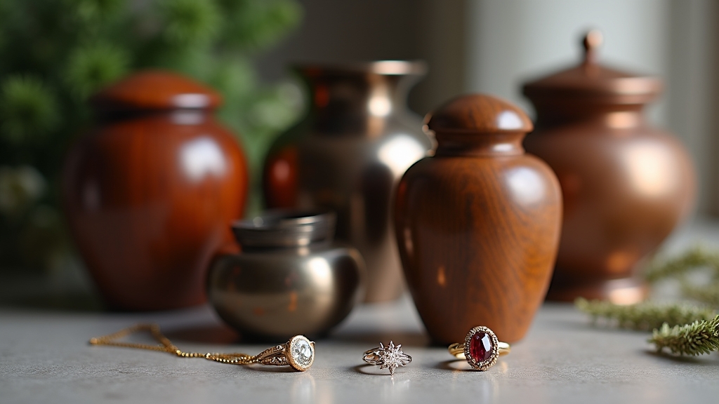 A tasteful display of elegant cremation urns made from various materials, alongside beautiful cremation jewelry pieces.