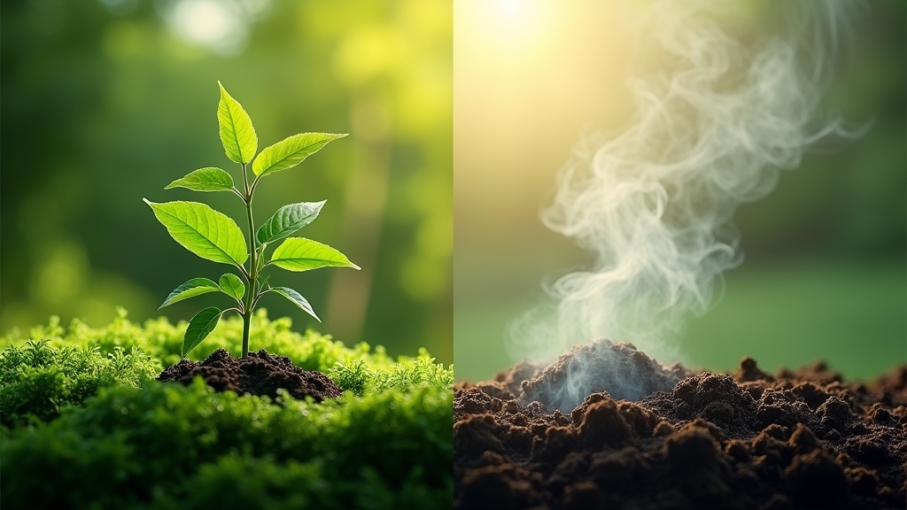 A green foliage for eco-friendly burial and rising particles for cremation emissions on the other.