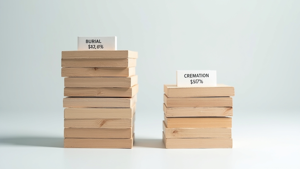 Two stacks of currency or price tags, one higher for burial and one lower for cremation.