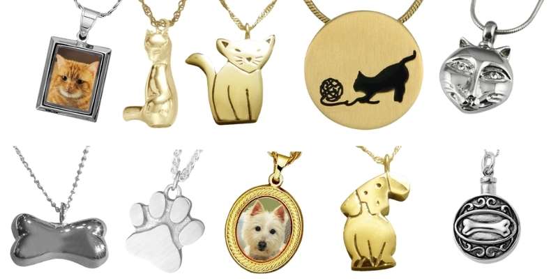 A variety of pet cremation jewelry
