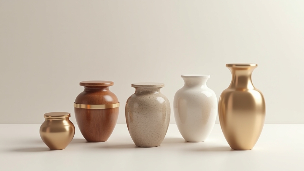 A diverse collection of elegant cremation urns made from various materials.