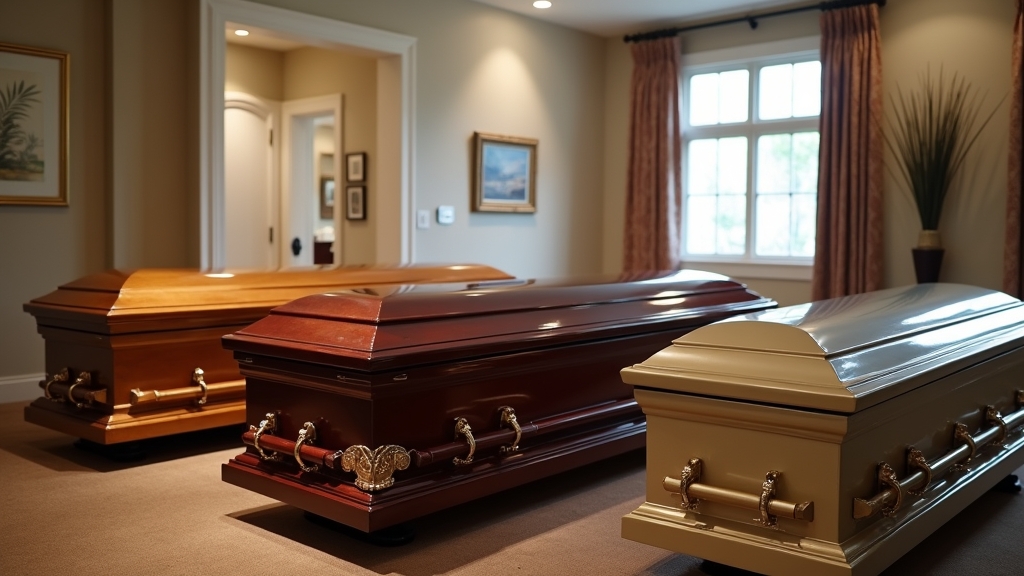 A display of various traditional burial caskets made from wood and metal.