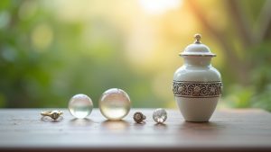 A central cremation urn surrounded by various keepsake options like jewelry and glass art.