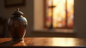 A dignified cremation urn illuminated by soft light, with a blurred stained-glass window in the background.
