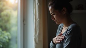 A person contemplating, showing the unseen physical symptoms of grief with abstract visual elements.