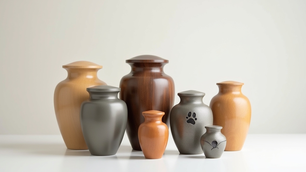 A collection of cremation urns of various sizes