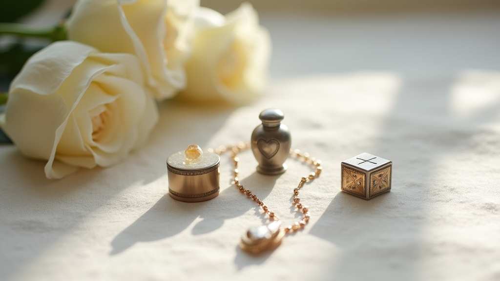 A collection of small keepsake urns displayed next to a cremation pendant