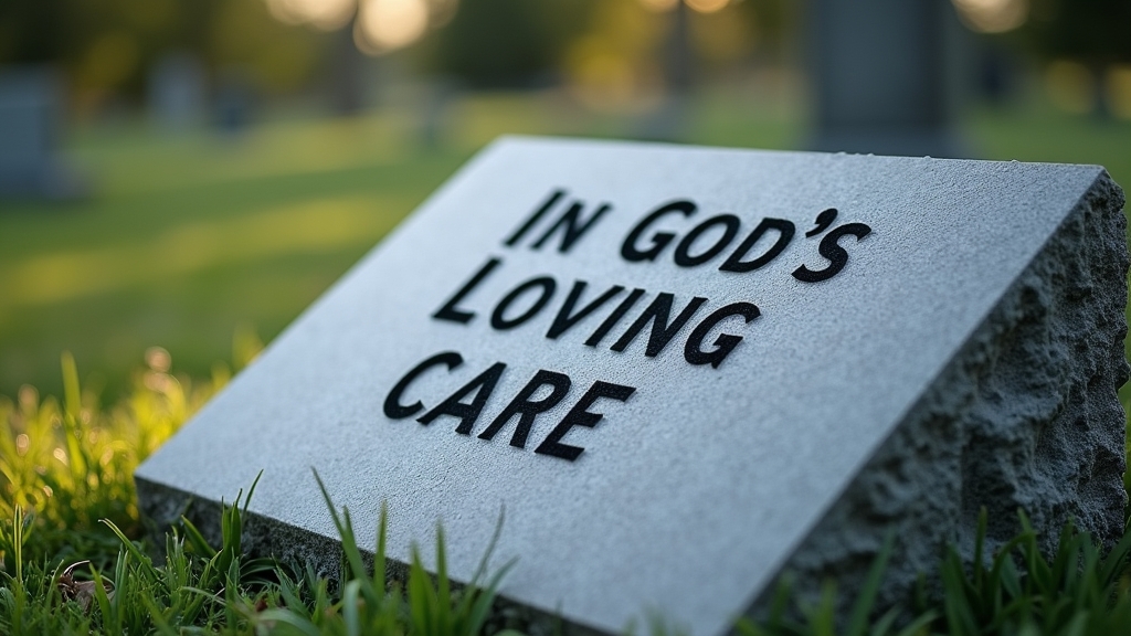 A headstone with a religious epitaph featuring a biblical quote