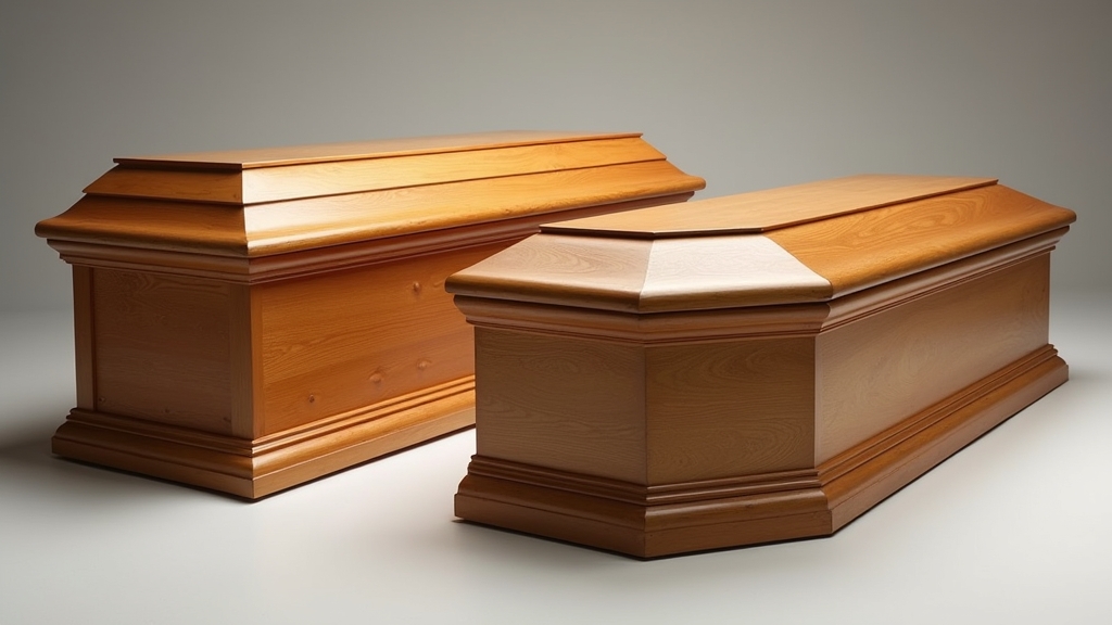 A traditional six-sided wooden coffin and a modern rectangular wooden casket